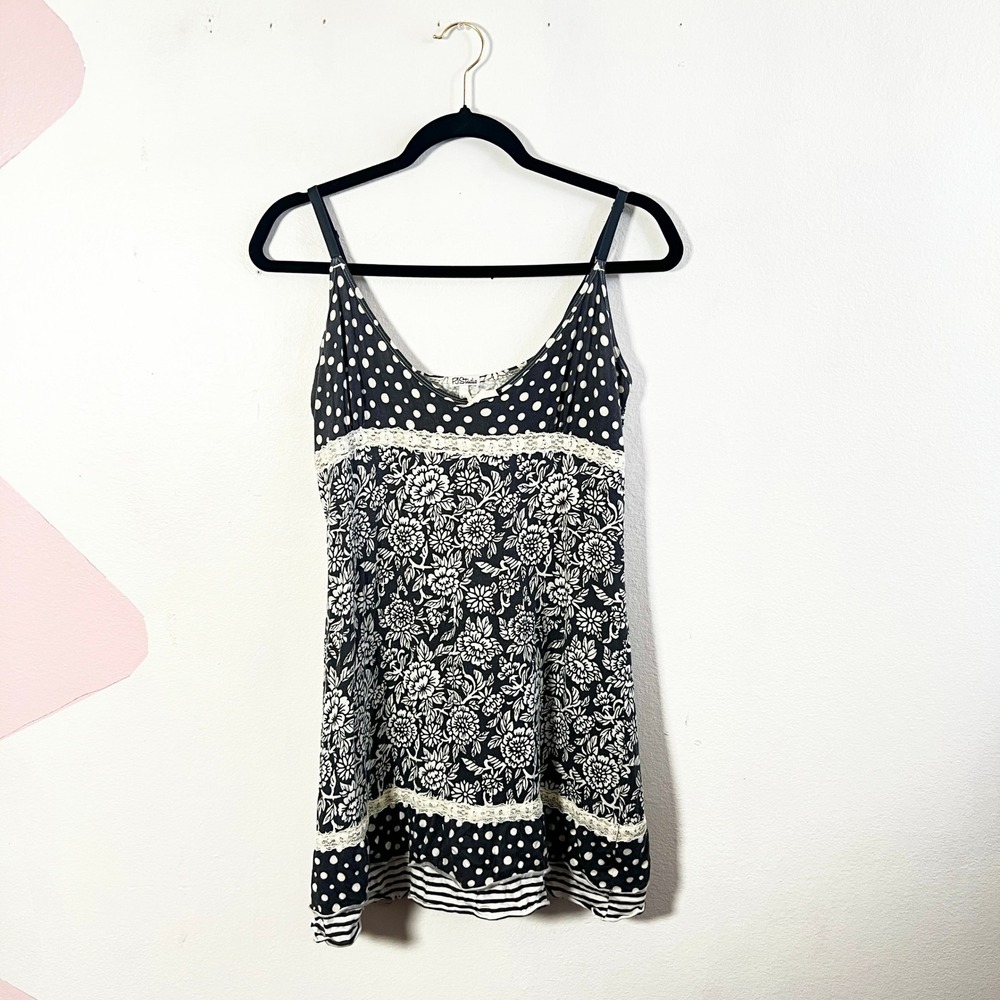 Vtg Y2K 2000s Slip Dress Large Gray Polka Dot Patchwork‎ Lace Nightgown